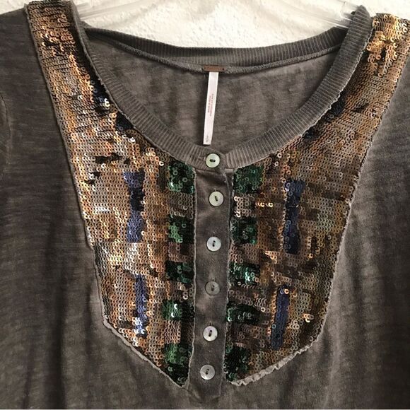 Free People sequined mottled long sleeve henley T-shirt S - Picture 4 of 5